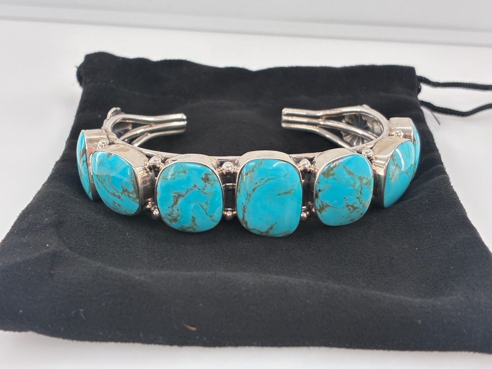 Chaco Canyon Kingman Turquoise 7 Stone Cuff Sterling Silver Bracelet Size 6.25in