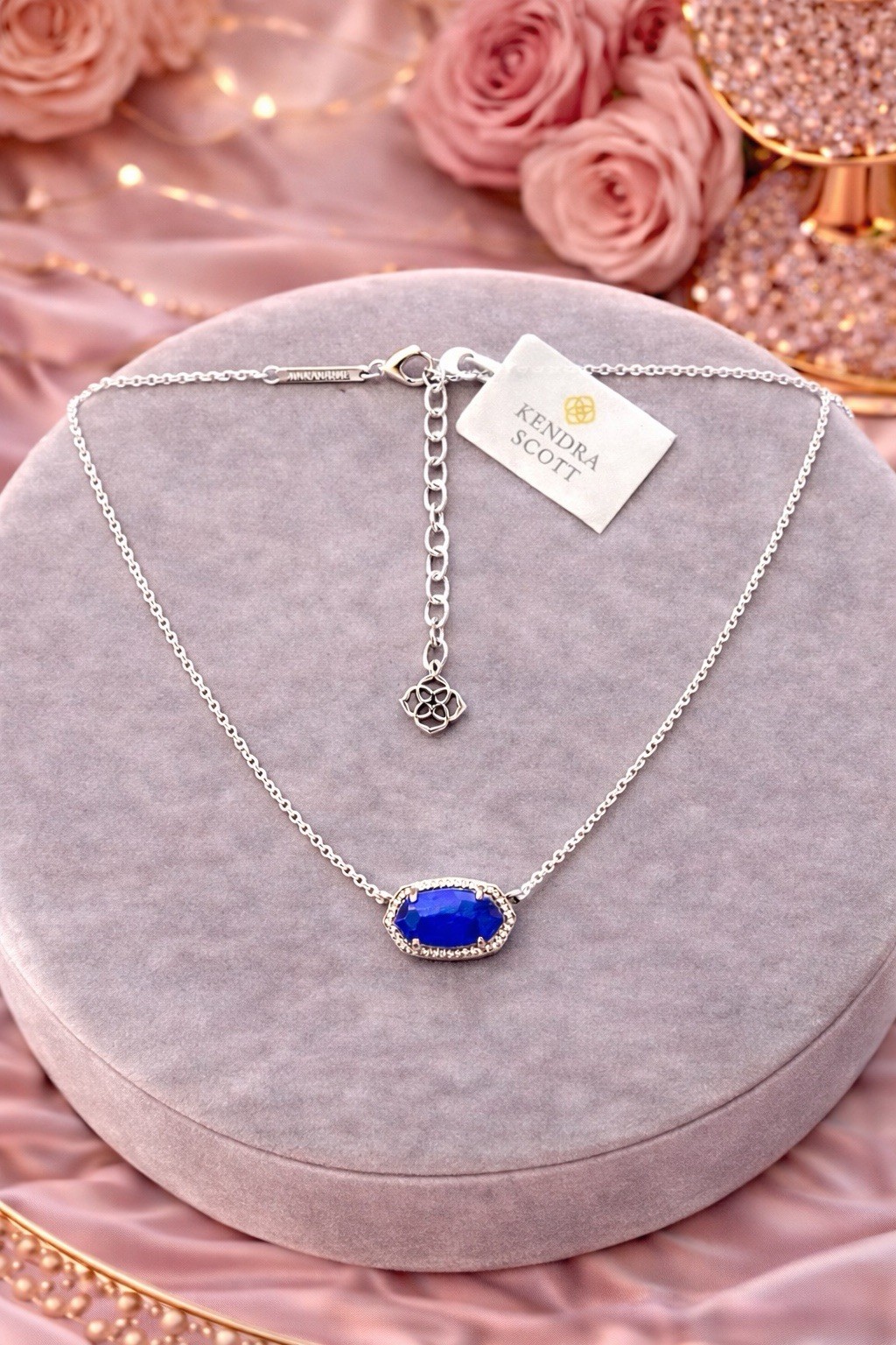 Kendra Scott Elisa Pendant Necklace, Rhodium Plated ,Cobalt Cat’s Eye