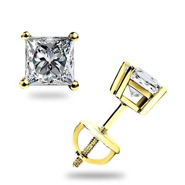 1.0 Ct Princess cut MOISSANITE Studs Earrings Solid 14k Yellow Gold Screwbk Gift