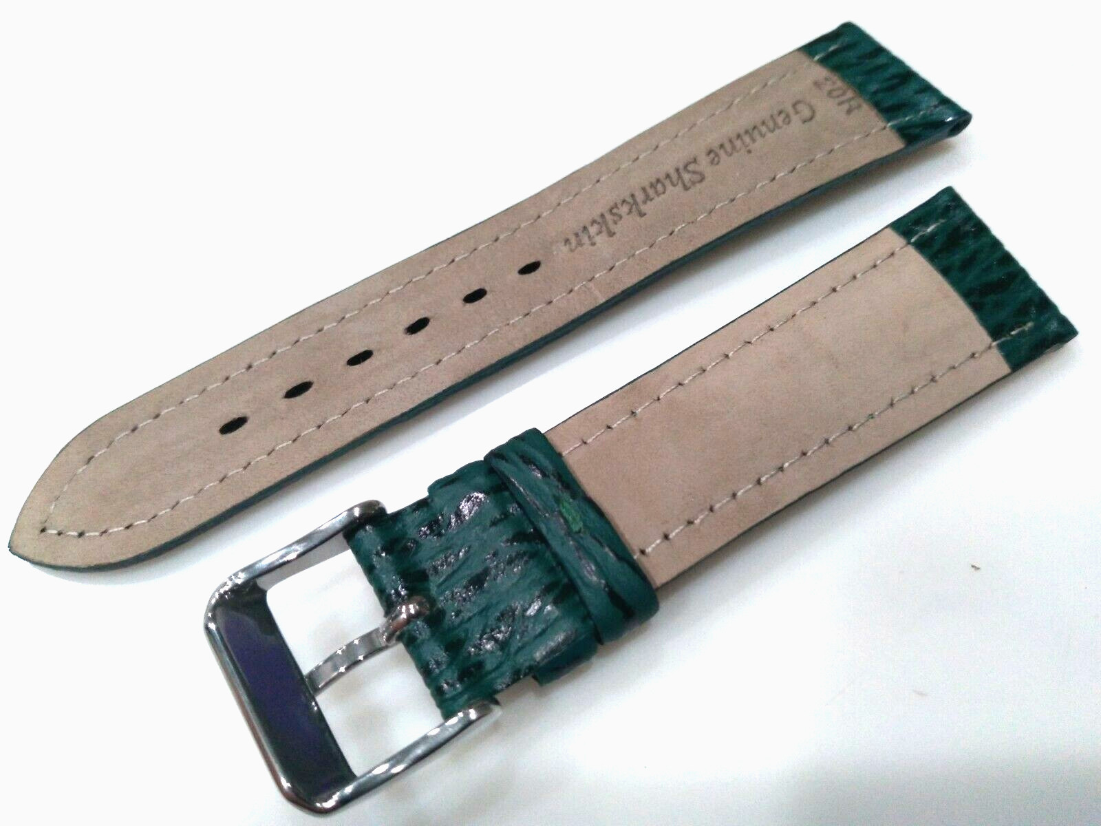 Green Genuine Shark Sharkskin 20mm Regular Padded Watch Band Silver Tone Buckle