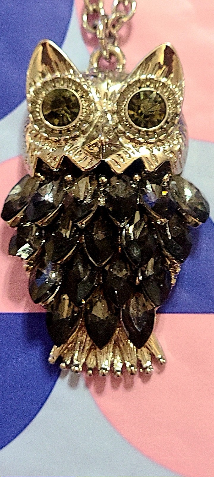 Silver Tone Owl Pendant Necklace w/ Long Chain Black Purple Crystal Rhinestones