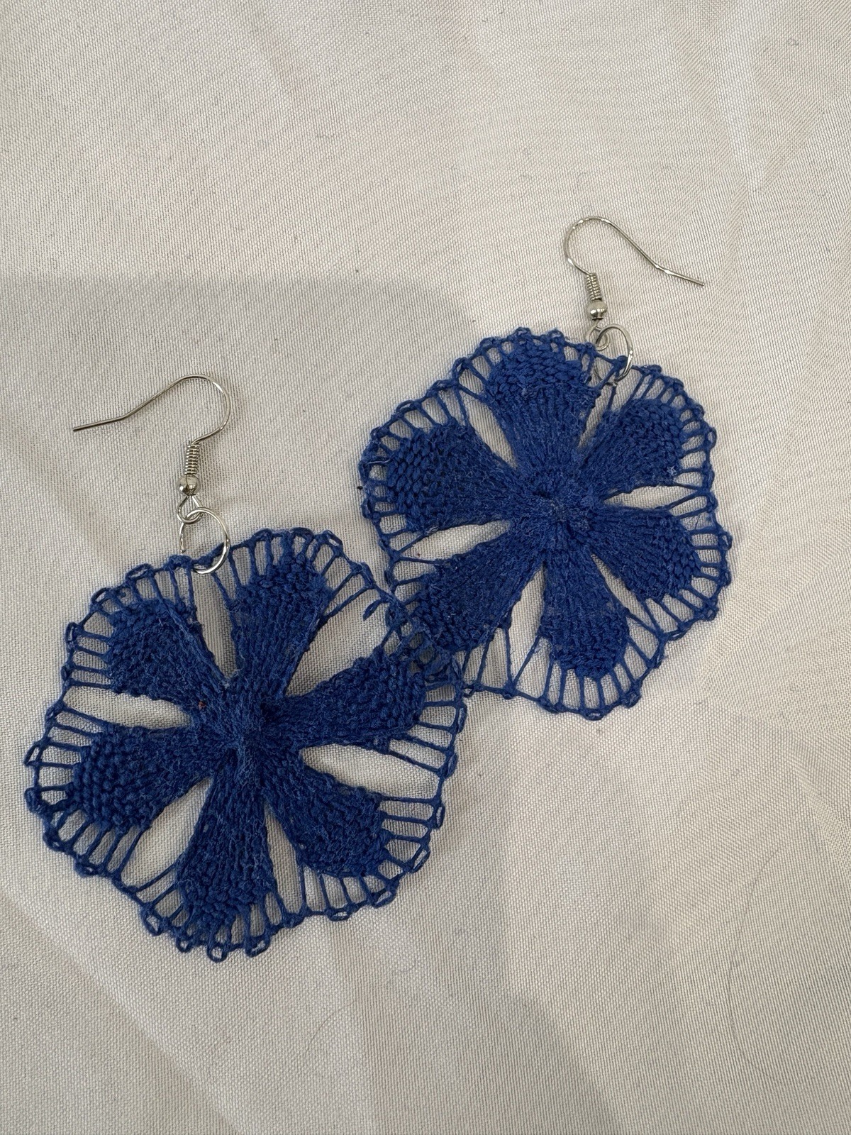 Handmade Blue Flower Thread Dangle Drop Earrings, French Wire Closure