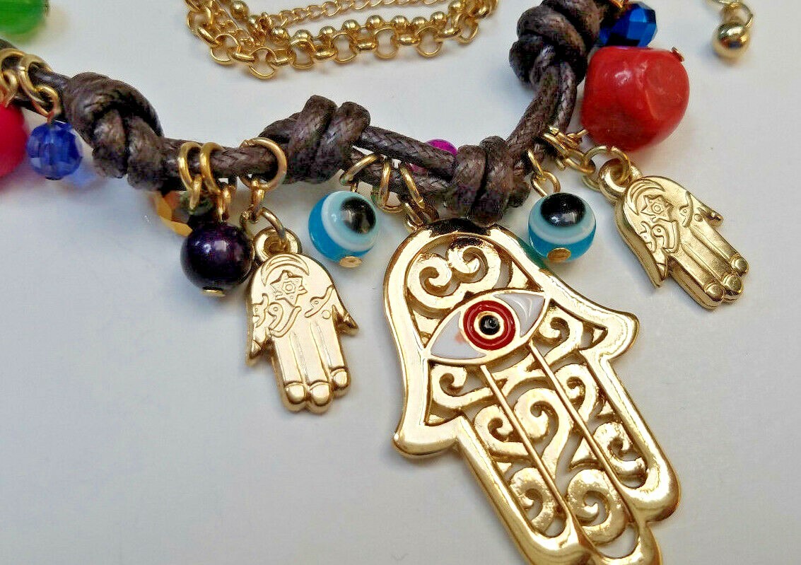 GIRLY Good Luck Protection BIG HAMSA HAND EVIL EYE BEADS CHARM FASHION BRACELET