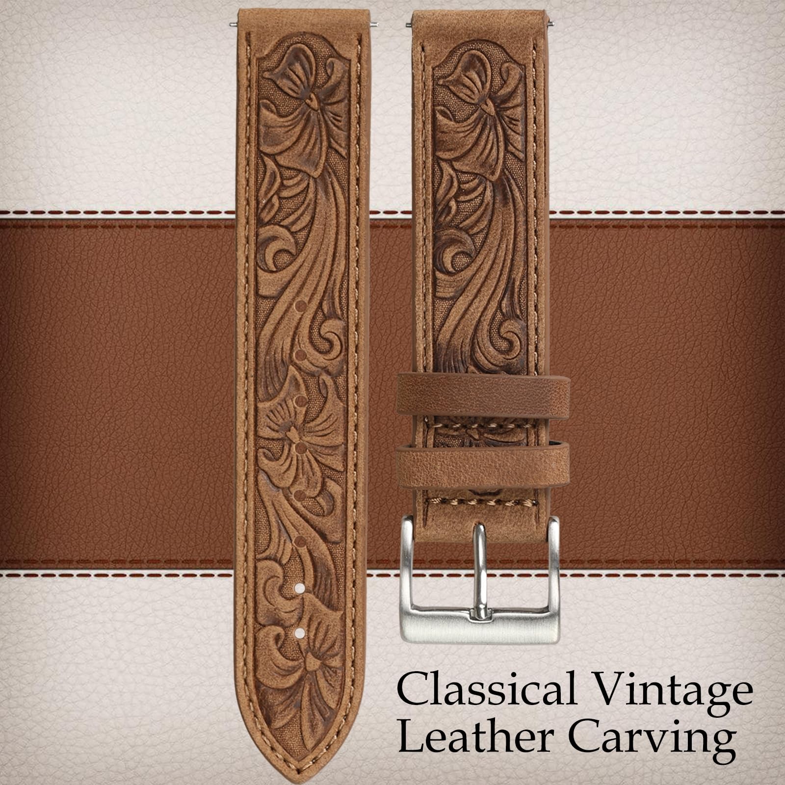 20mm Leather Watch Bands, Western Retro Embossed Leather Bands Compatible wit…
