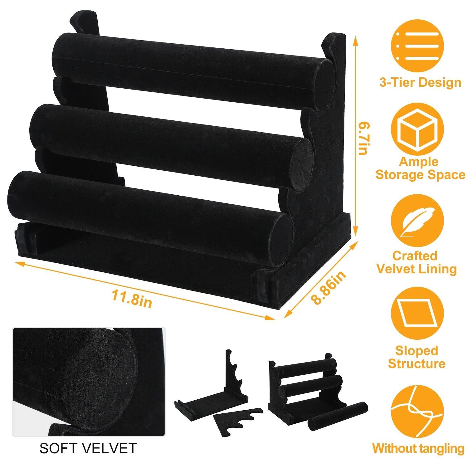 3-Tier Bracelet Display Stand Watch Holder Velvet Jewelry Bangle Rack Organizer