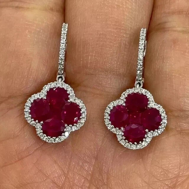 14K White Gold Plated 3.20Ct Oval Cut Lab Created Red Ruby Drop Dangle Earrings