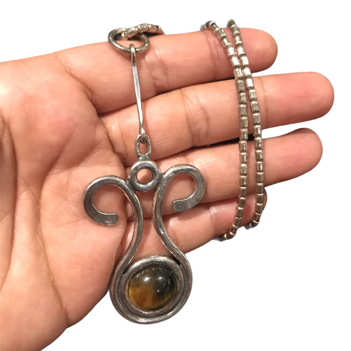 vintage sterling silver brutalist tiger’ eye Signed Noras necklace 28.5 Grams19”