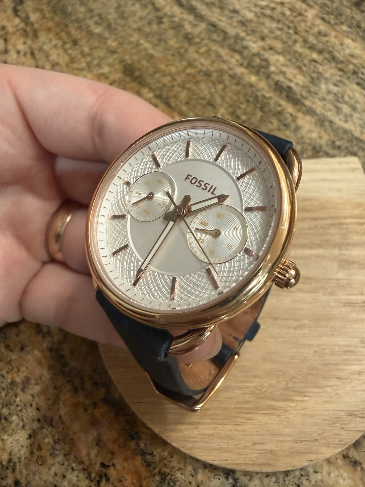 Fossil ES4260 Quartz Rose Gold Watch Silver Dial Blue Leather *Needs Battery*