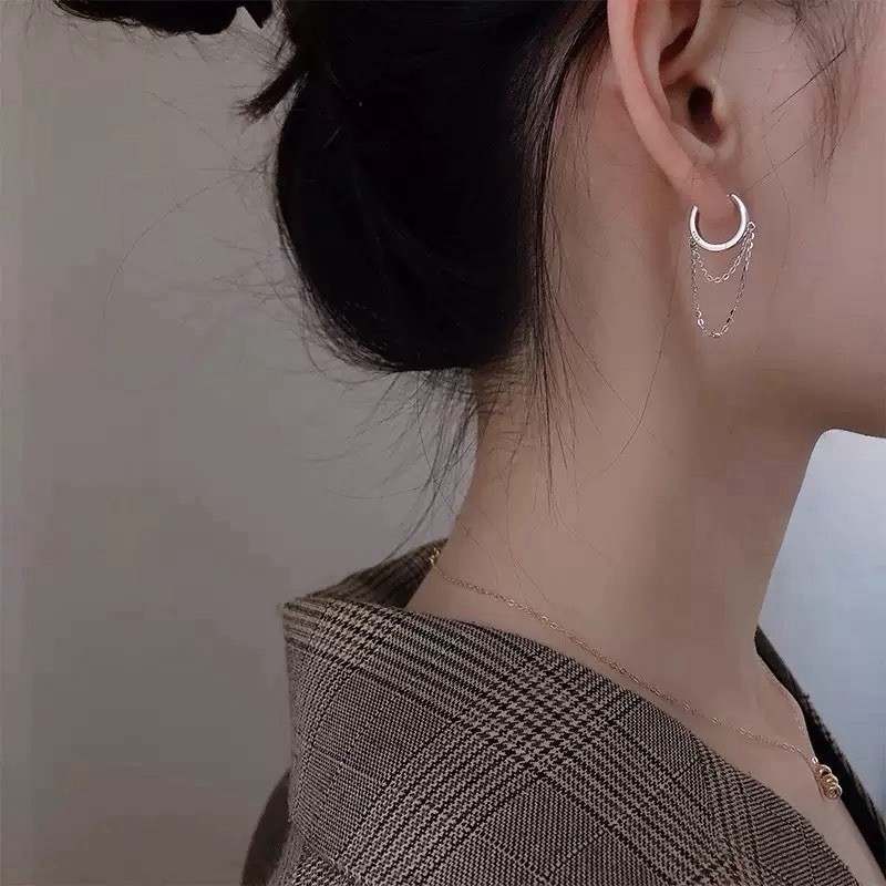 925 Silver Chain Huggie Hoop Earrings Dangle Double Chain Drop Earrings 087