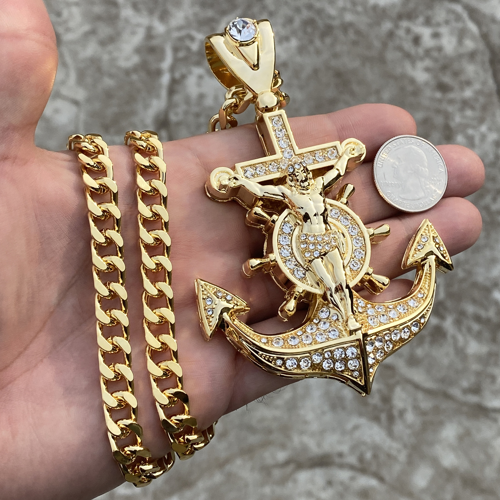 18K Gold Plated Huge Mariners Cross Anchor Jesus Chain 30″ Simulated CZ 30″