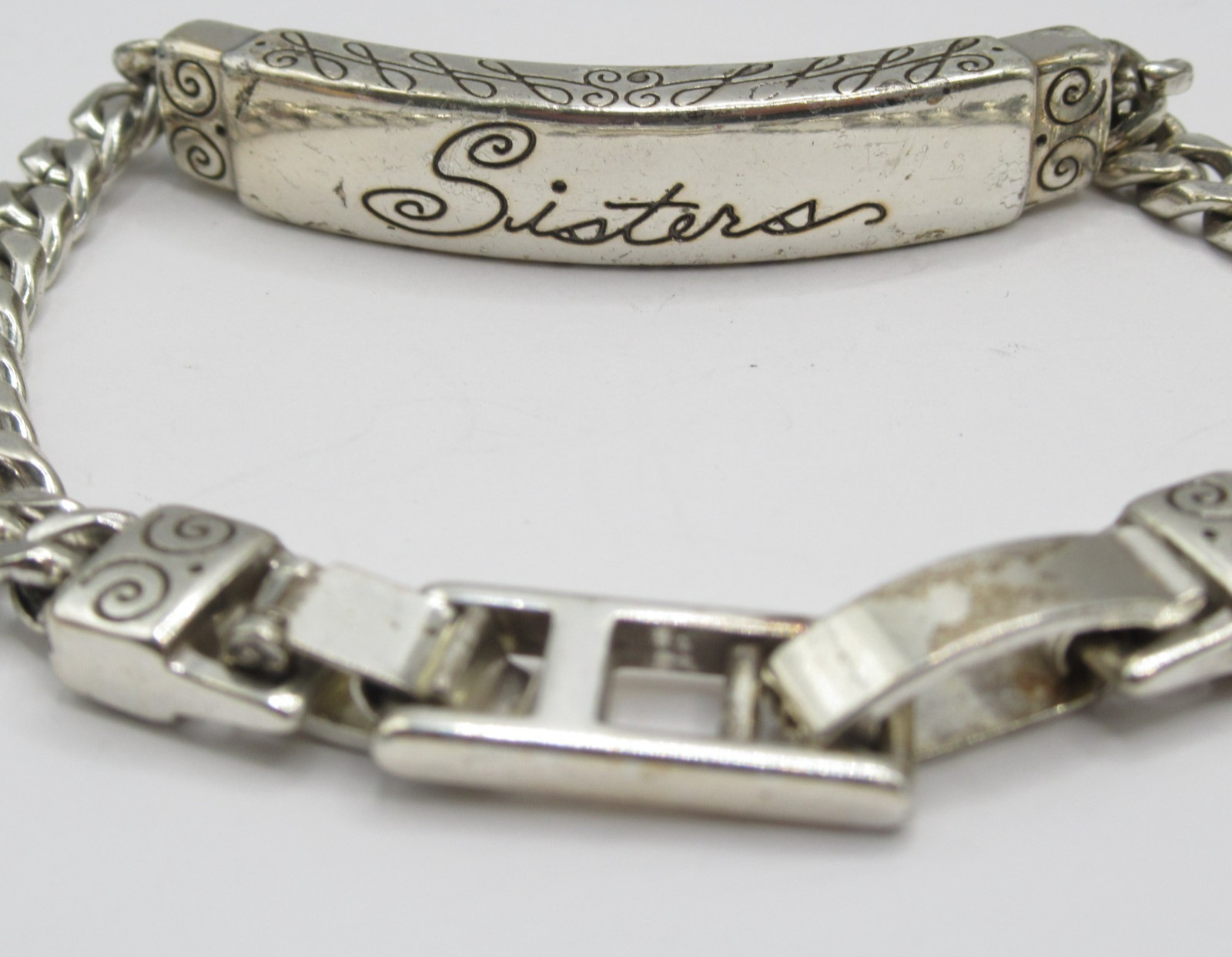 Brighton Chain ID Bracelet says “Sisters” Vintage Signed Etched Scrolled Design
