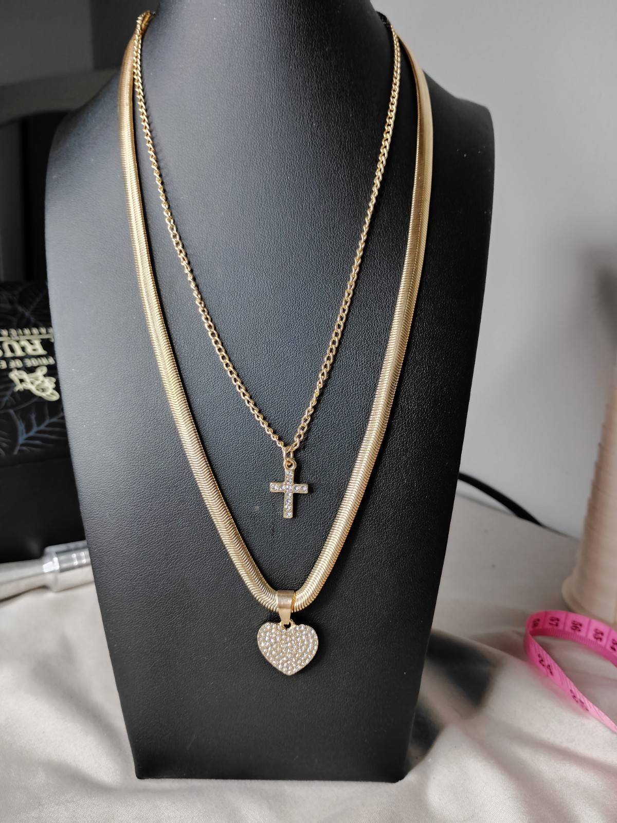 Gold Tone Layered Necklace Set Herringbone Chain Pavé Heart & Cross Pendants