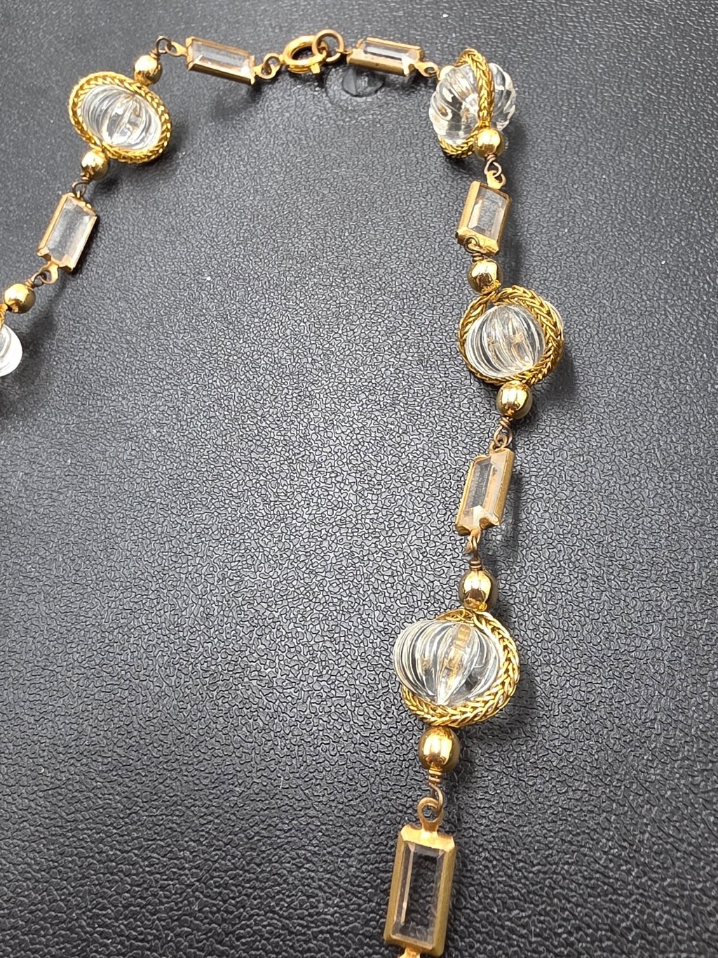 Vintage Gold Tone Clear Lucite Bead Statement Necklace | Retro Art Deco Style