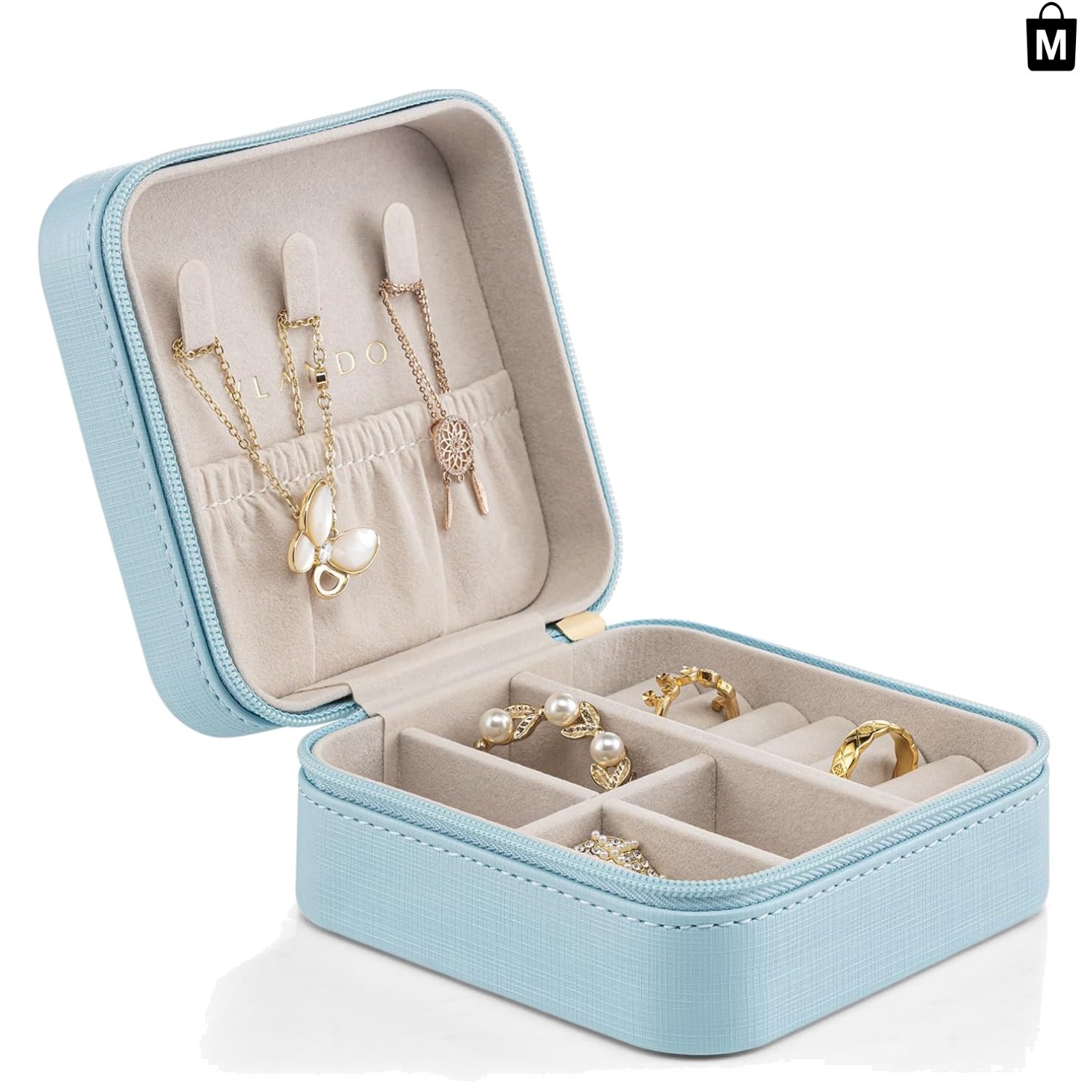 Compact Faux Leather Jewelry Box – Stylish Organizer for Rings & Necklaces, Blue