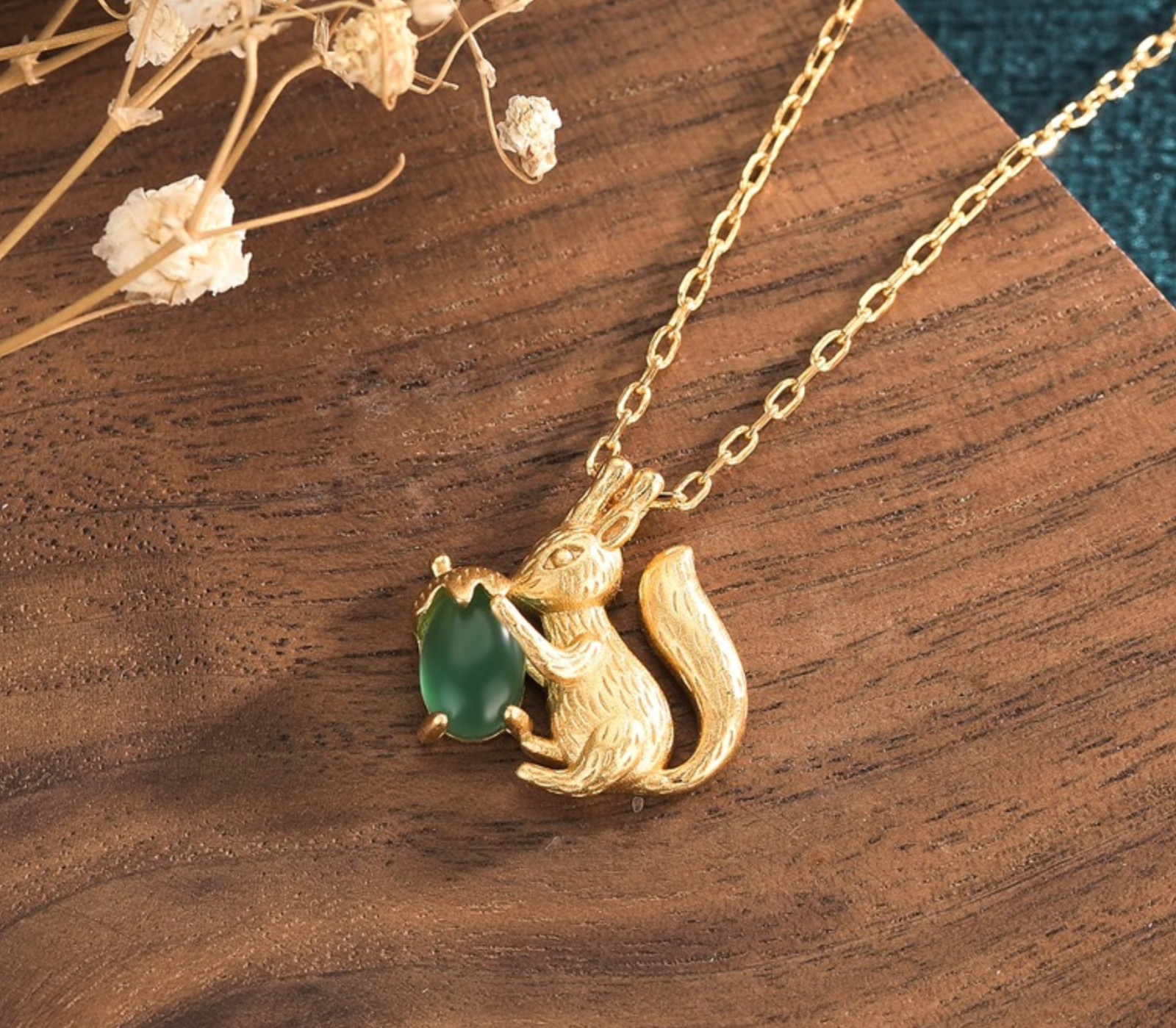 Jade Squirrel Acorn Pendant Necklace Charm 18K Gold Plated Chain Dainty Gemstone