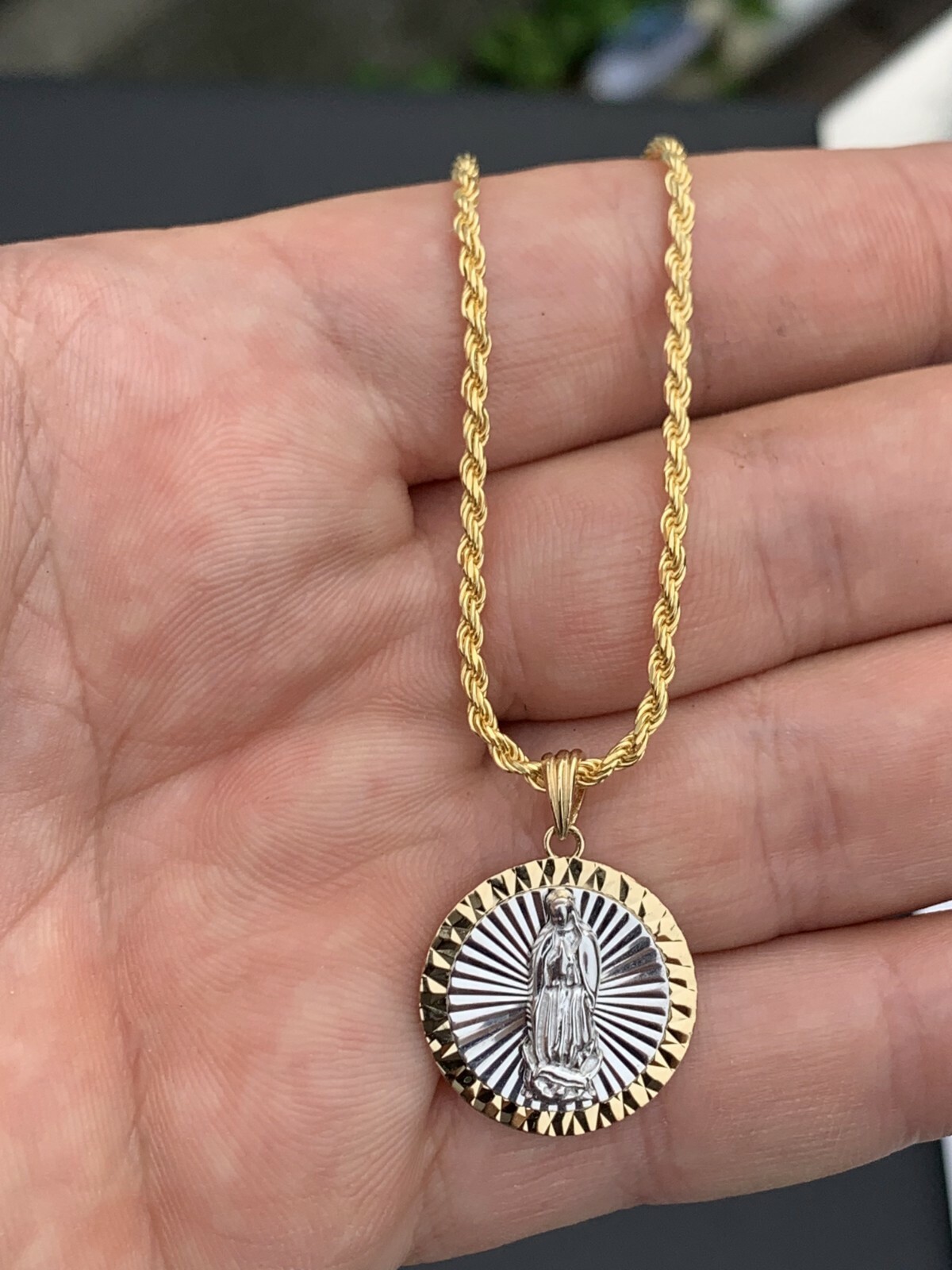 14k Yellow Gold Plated 925 Silver Virgin Mary Guadalupe Medallion Pendant Round