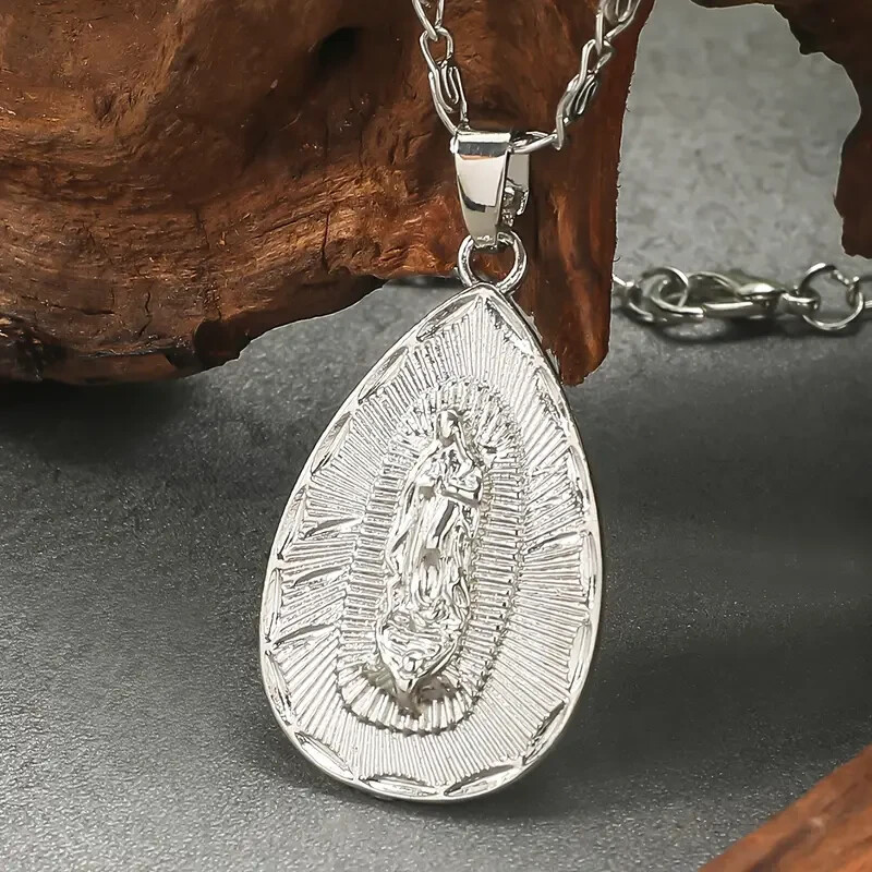 925 Sterling Silver Catholic Saint Virgin Mary New White Topaz Pendant Necklace