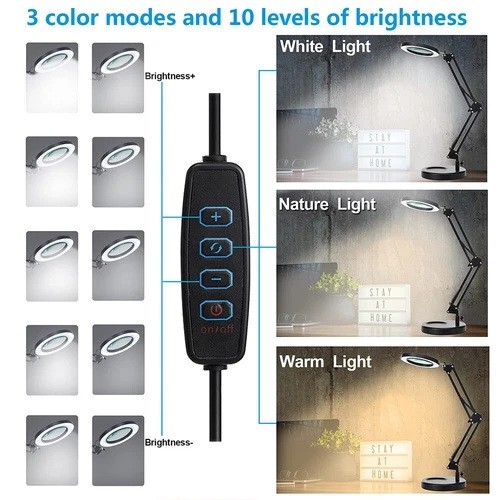 10X Magnifying Glass LED Desk Lamp With Base and Clamp forJewelry Making/Reading