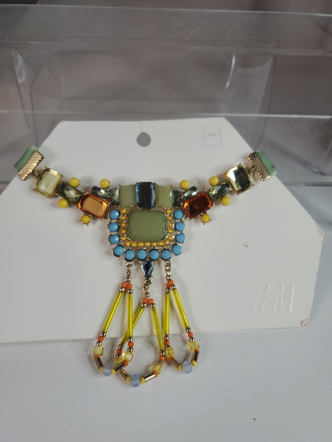 H&M NECKLACE Unique! Rustic Metal Large Blue Rectangle Rhinestones & Bead Choker