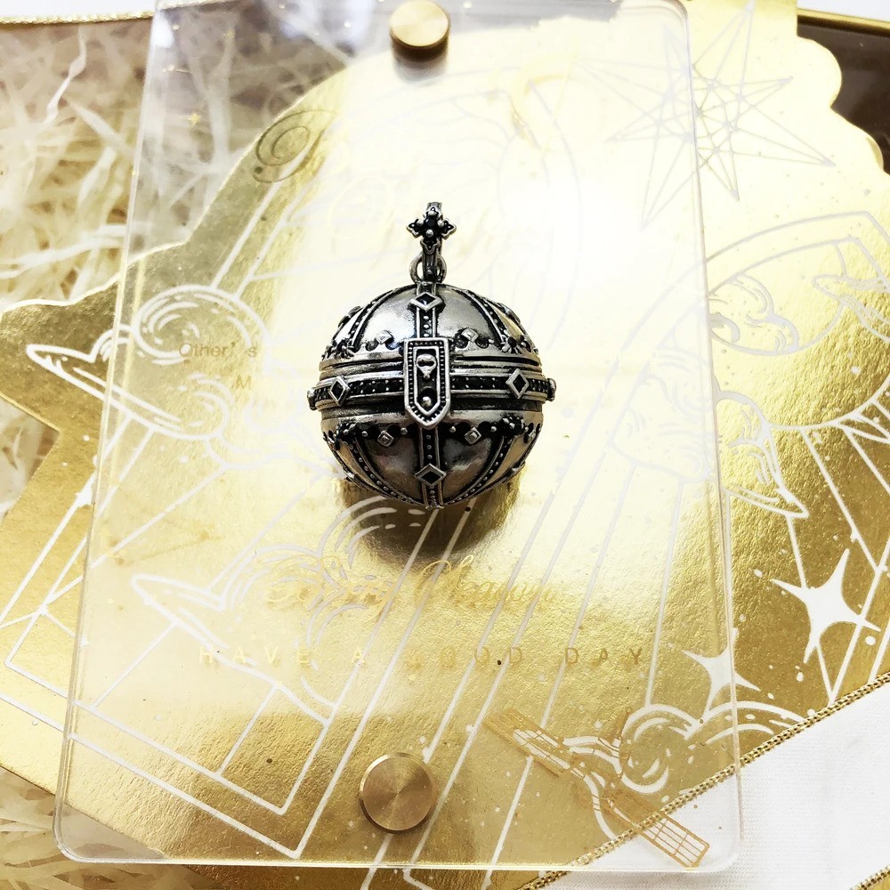 Ornate Medieval Orb Pendant 925 Silver Black Stone Pavé Crown Sphere Charm