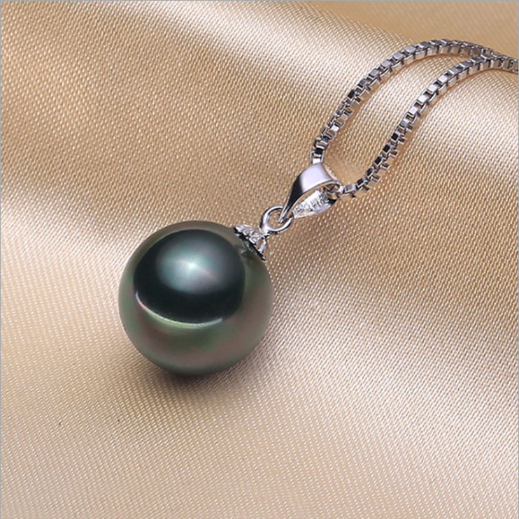 925 Silver Tahitian Black SHELL Pearl 8/10/12/14/16mm Pendant 18″ Necklace PE33