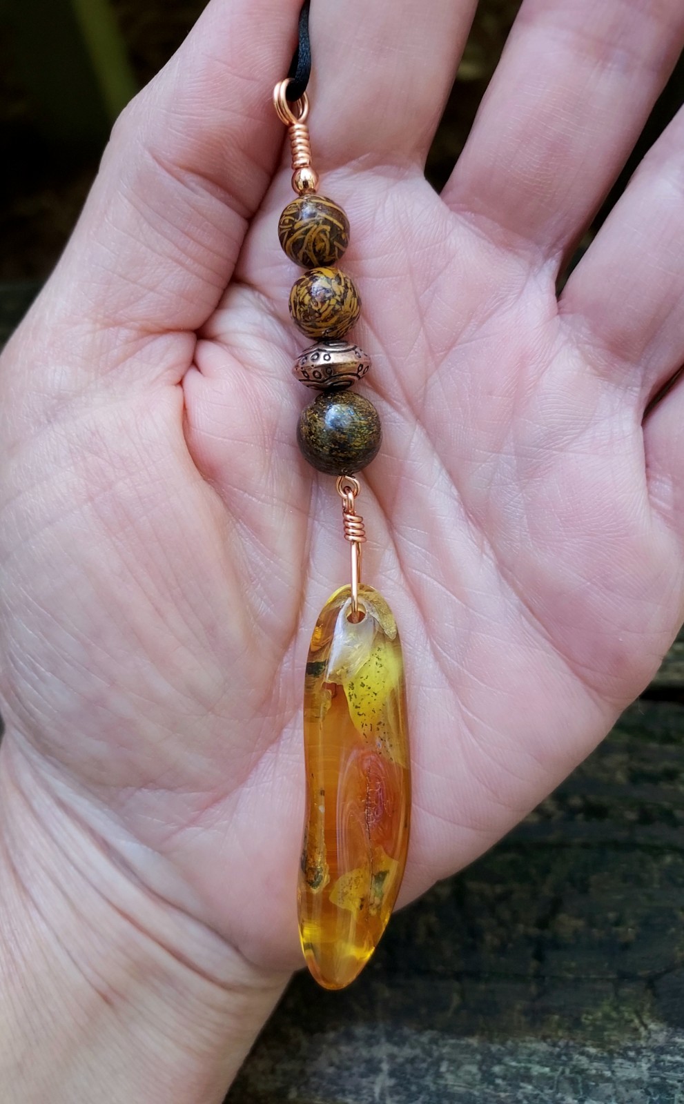 Baltic Amber Long Pendant With Brown Gemstones In Copper Artistic Hand Polished