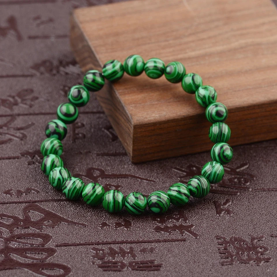 Handmade Natural 8mm Green Malachite Round Gemstone Beads Stretch Bracelet