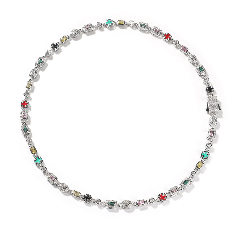 Iced Out Multi Color Gem Cross Link Chain Gold Hip Hop Unisex Statement Necklace