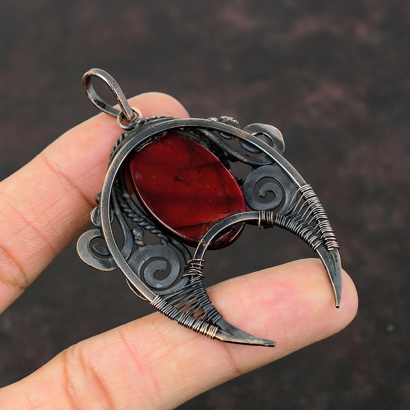 Red Fire Labradorite Wire Wrapped Pendant Handcrafted Copper Holiday 2.87″