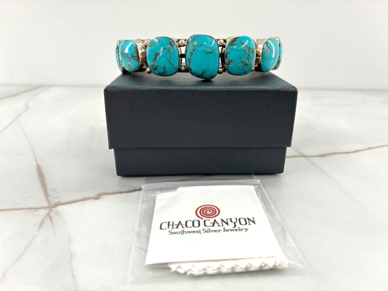 Chaco Canyon Kingman Turquoise 7 Stone Cuff Sterling Silver Bracelet Size 6.25in