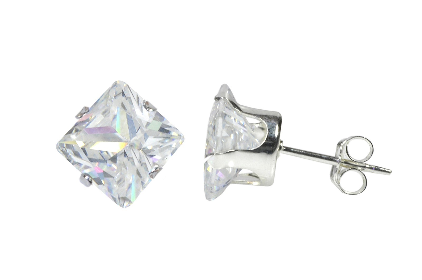 Sterling Silver Square Princess Cut Clear CZ Stud Earrings Prong Set