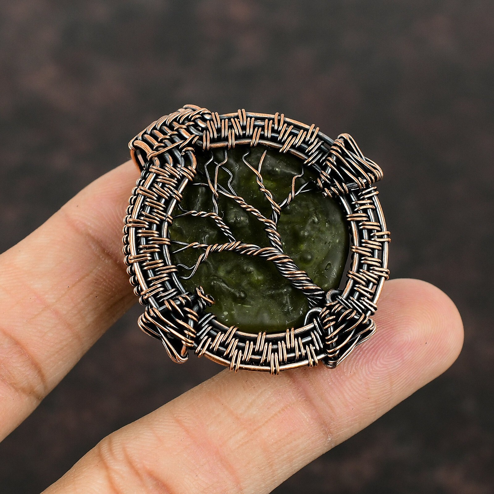 Gift For Her Moldavite Wire Wrapped Tree Of Life Pendant Copper Jewelry 1.81″