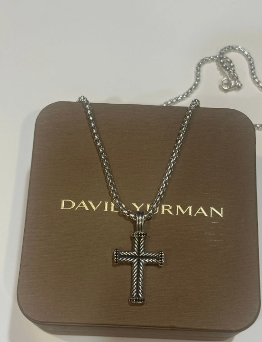 Silver 925 David Yurman Chevron Cross Necklace with Black Diamonds