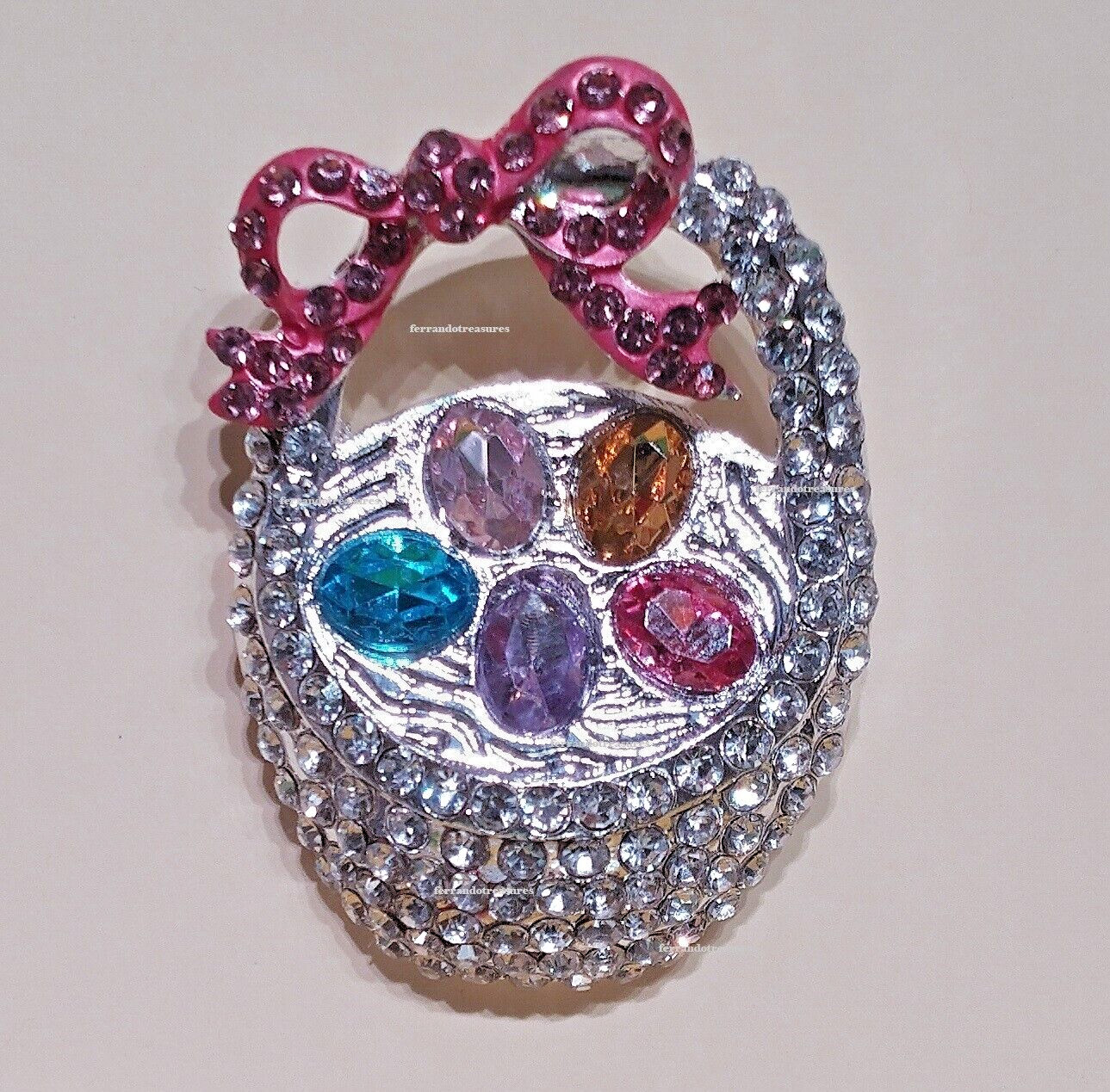 Easter Basket Pink White Colored Eggs Crystal Rhinestone Pin & Gold Bag