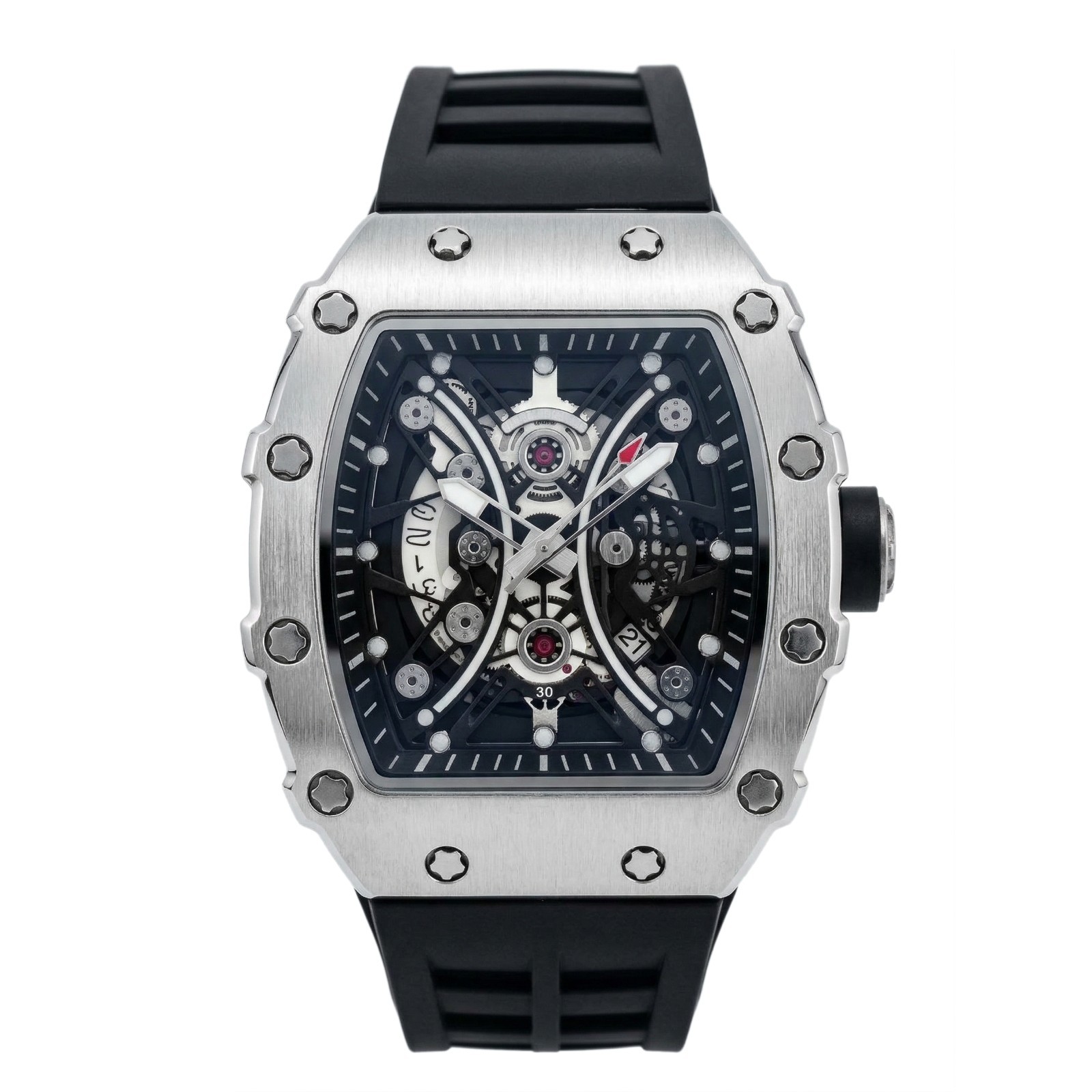 [US STOCK] Luxury Tonneau Skeleton Watch Rubber Strap Quartz 3ATM Date Luminous