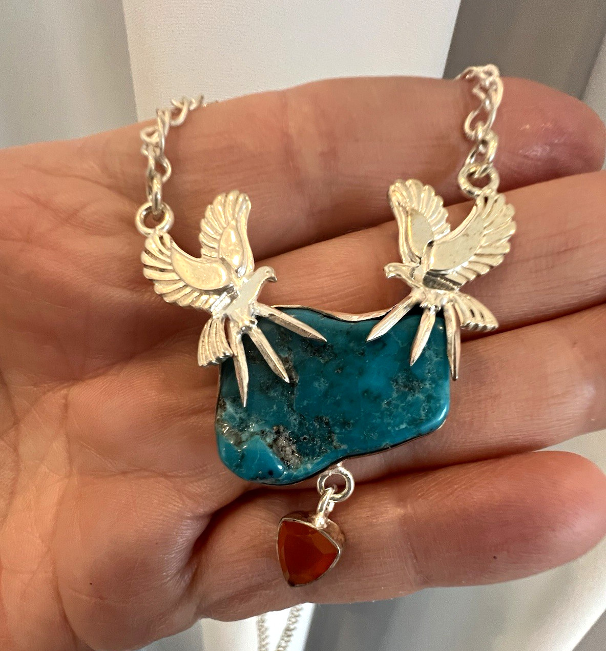 Sterling Silver Chain Necklace Bird Pendant Turquoise Stone Red Charm