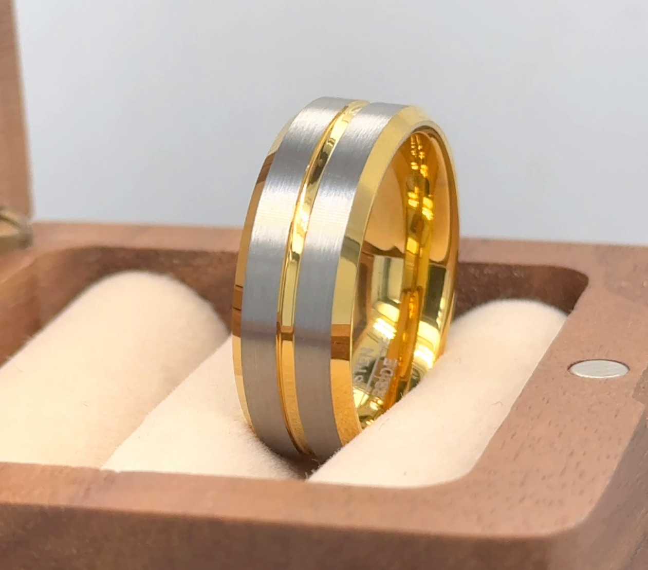 Two Stripes Center Ring Couple Ring Gifts Gold Tungsten Band Gunmetal Brushed