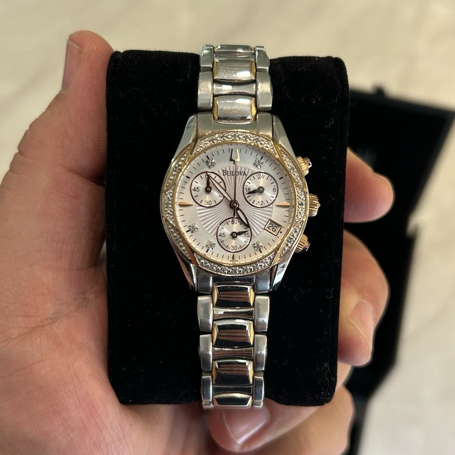 Bulova Women’s Two-Tone Chronograph Quartz 32mm MOP Dial Diamond Bezel 98R149