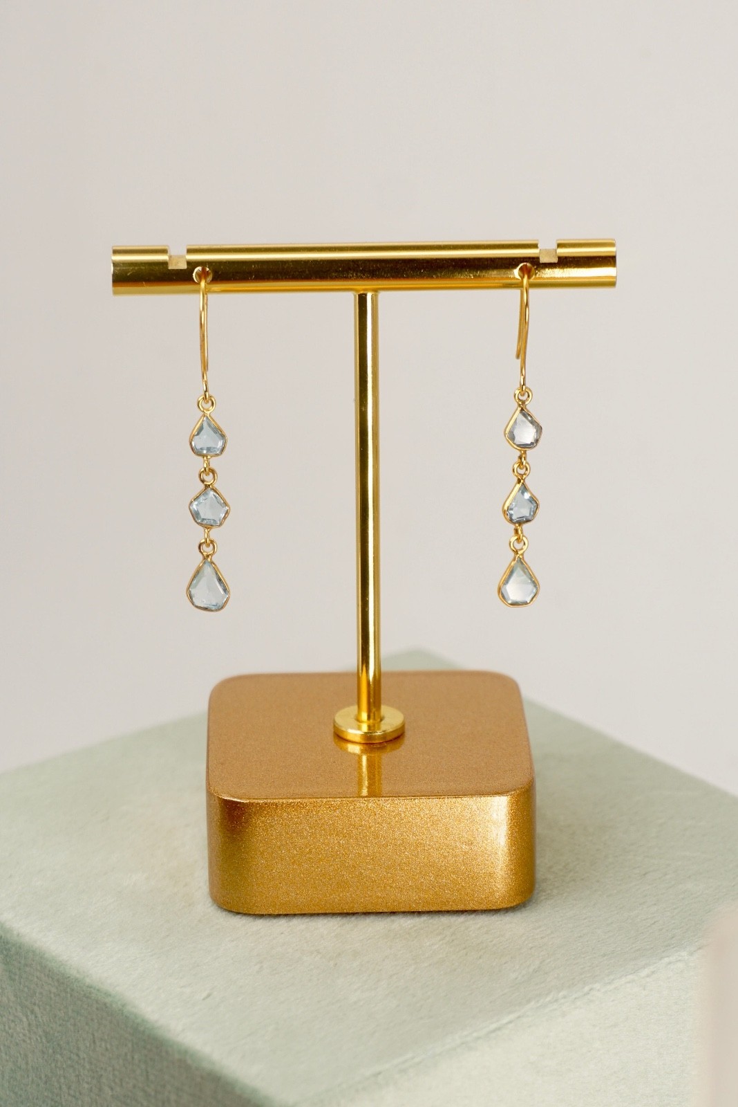 18k Gold Aquamarine Drop Earrings – March Birthstone, French Hook, Bezel Set
