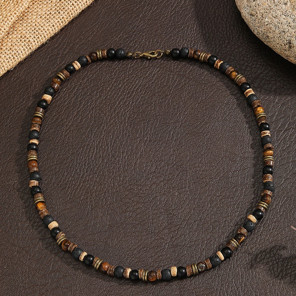 Mens Boho Necklace Tiger Eye Lava Stone Wood Beads Surfer Handmade Choker