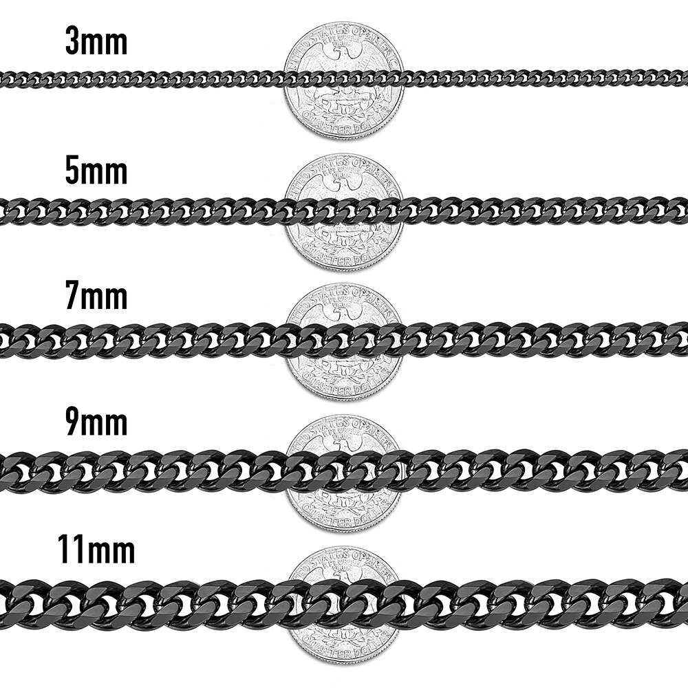 3/5/7/9/11mm Mens Black Stainless Steel Cuban Curb Link Chain Necklace 18-26″