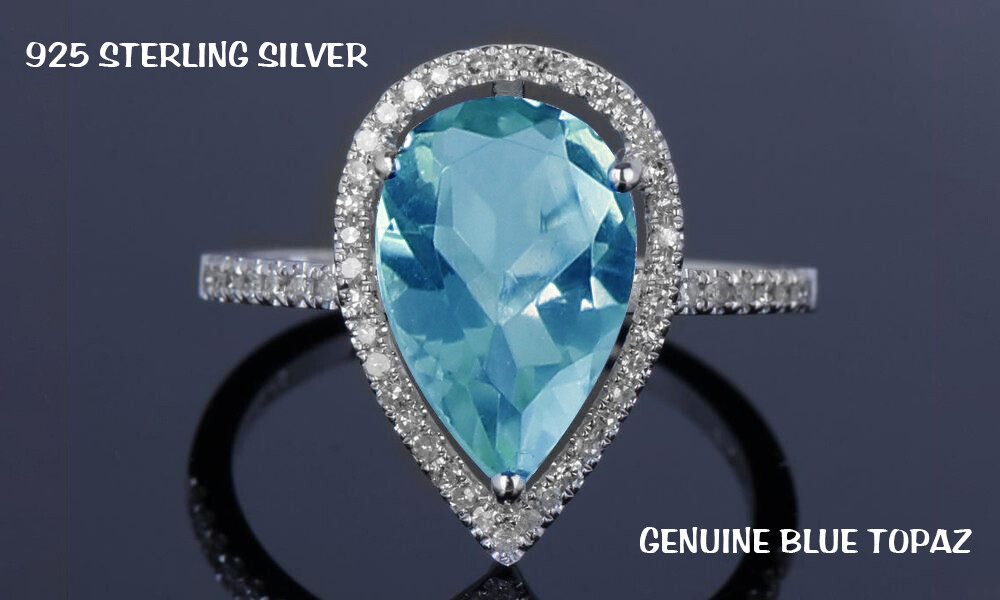 4.00 CTTW Lab Created Blue Topaz Pear Cut Sterling Silver Ring Sizes 4-12