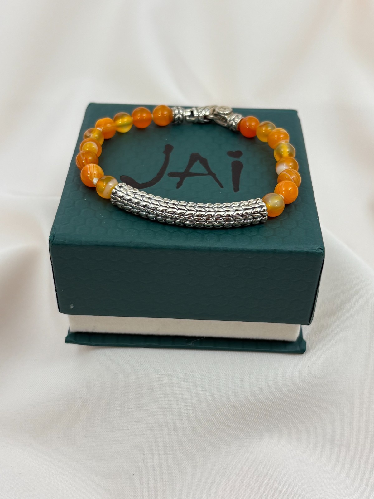 JAI Sterling Silver Orange Agate Bead Bracelet 7″ Long Size X-Small