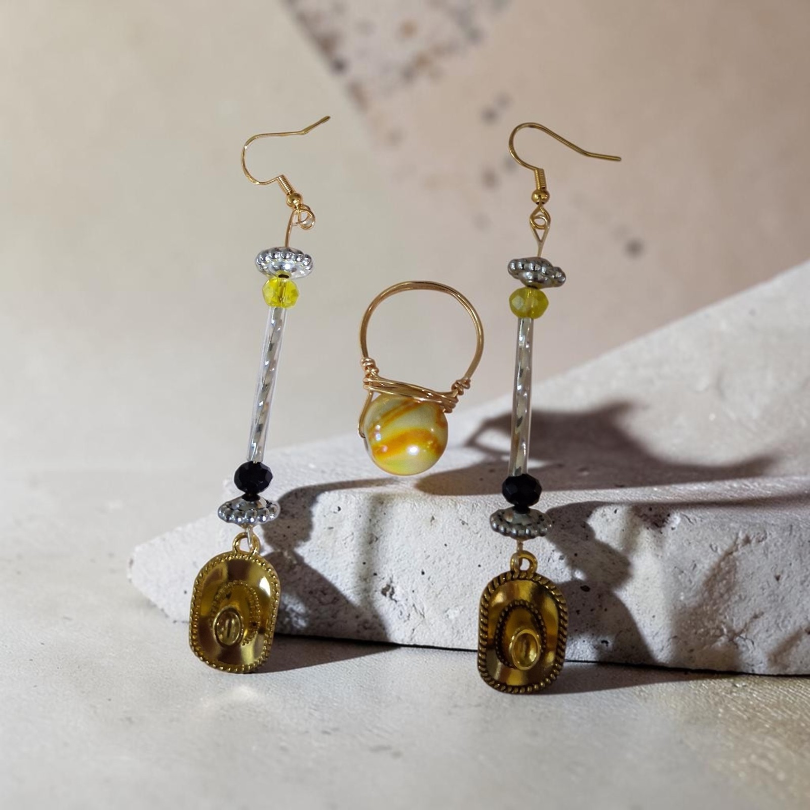 Gold Beaded Dangle Drop Hook Earrings for Lobe Piercing With Cowgirl Hat Charm