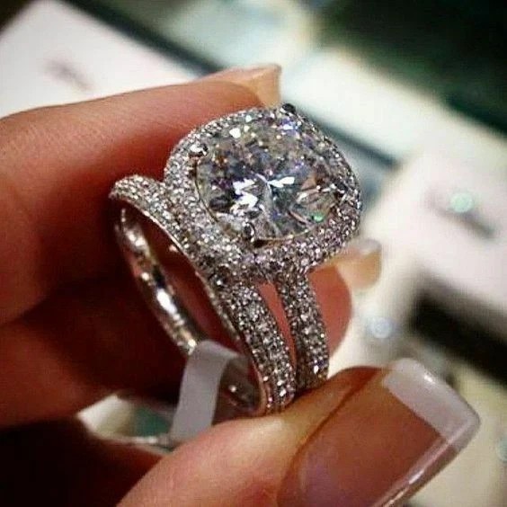 14K White Gold Finish Round Cut Created Diamond Bridal Engagement Ring Set 4Ctw