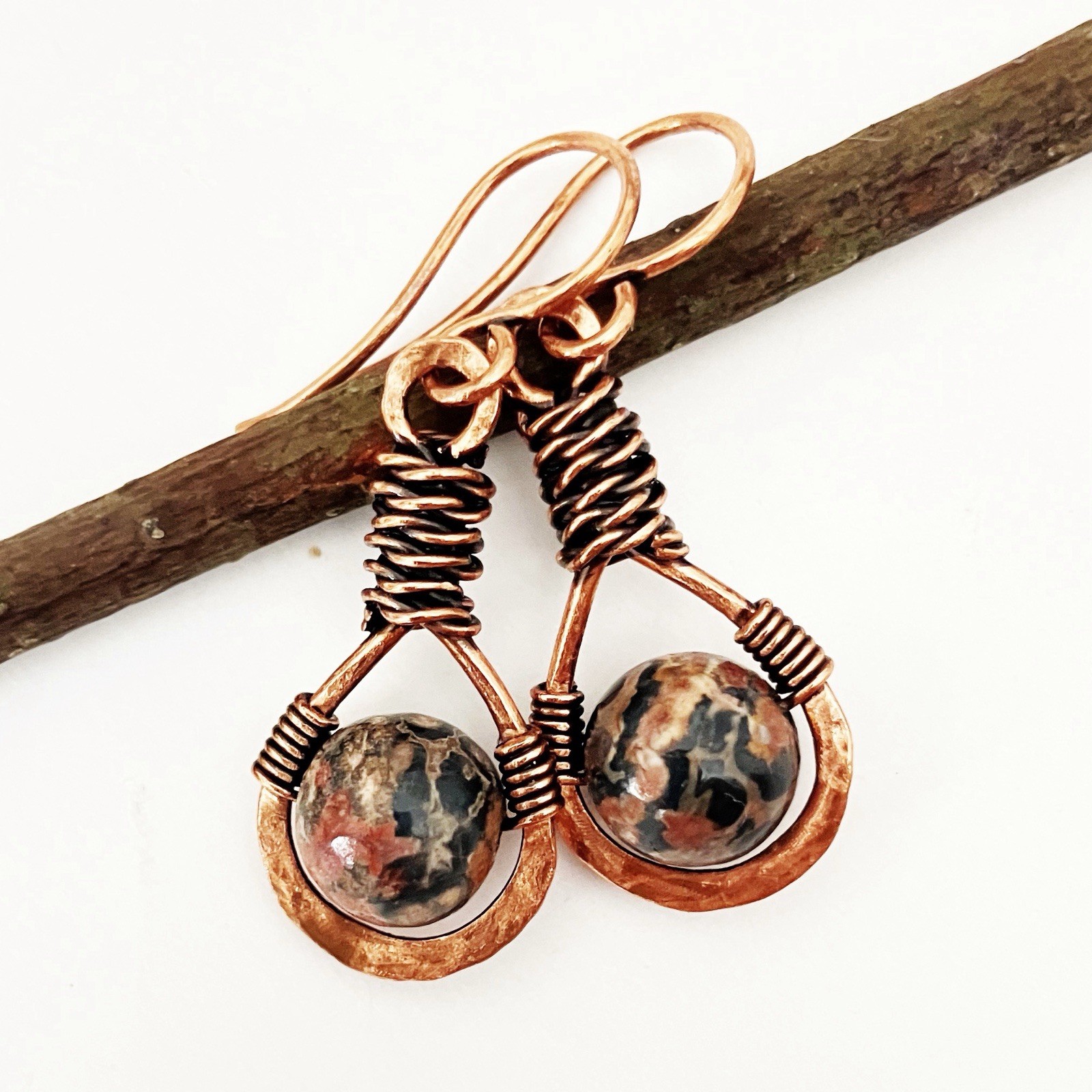 Leopard Skin Jasper Dangle Earrings Teardrop Bohemian Wire Wrapped Earthtones