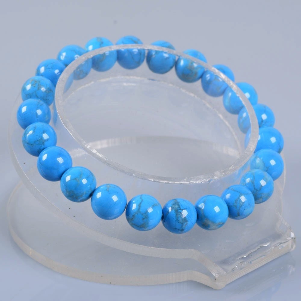 Dyed Turquoise Howlite Gemstone 8mm Round Beads Stretch Bracelet 7 Inch Unisex