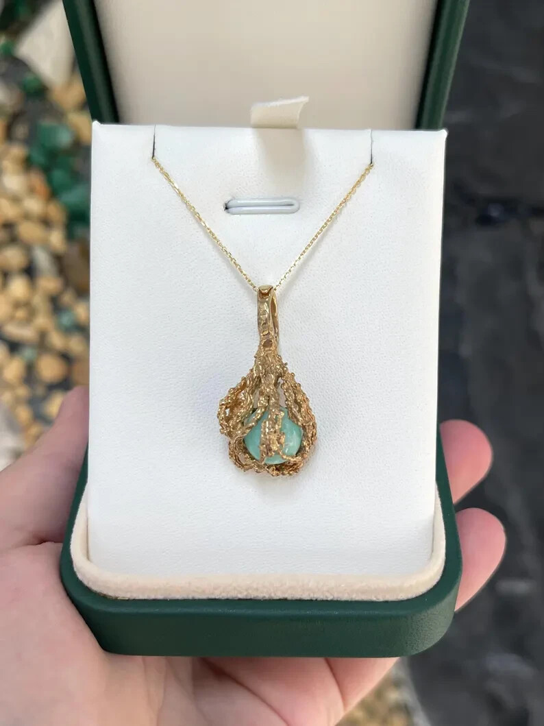 6.80 Carat Colombian Emerald Sphere Cabochon Nugget Cage Pendant Gold 14K