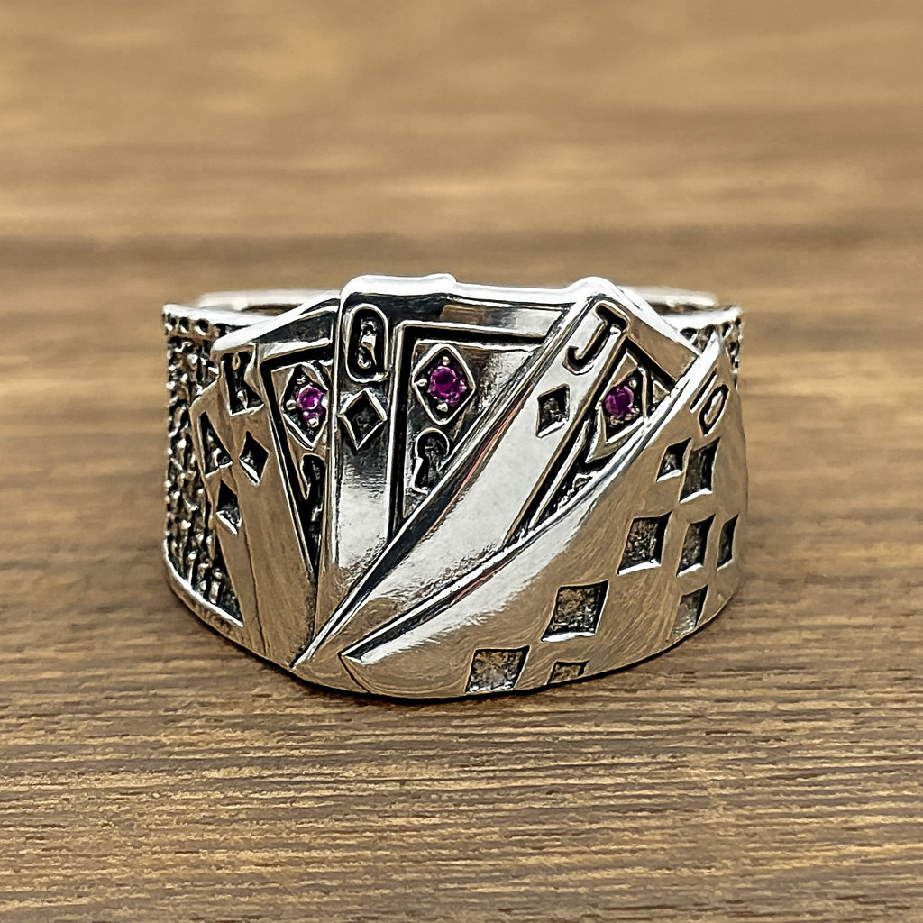 Mens 925 Silver Ring Royal Flush Playing Card Poker Sterling Adjustable Resizeab