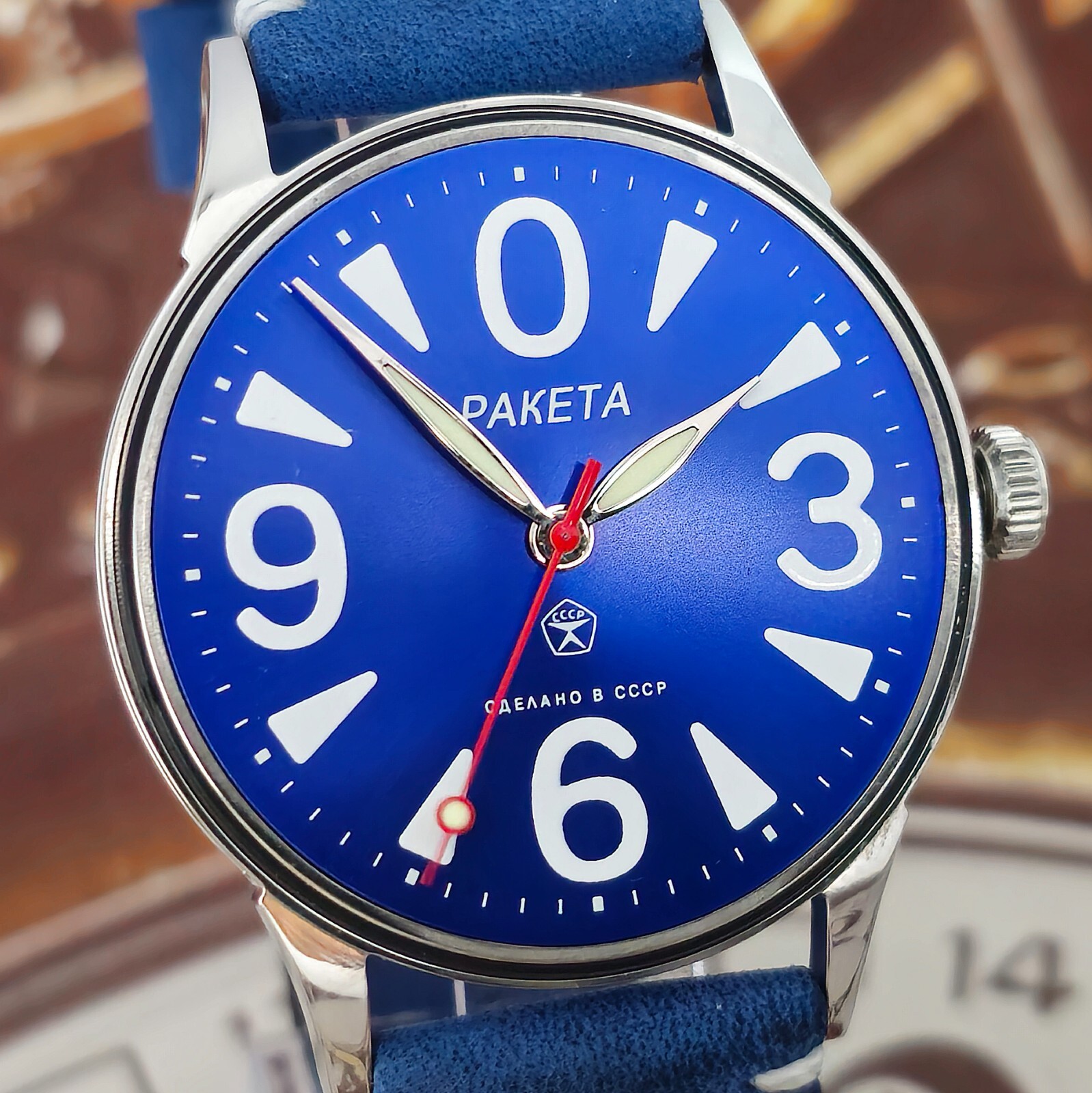Vintage Watch USSR RAKETA Big Zero Blue Dial Wristwatch Mechanism 2609.HA 19J
